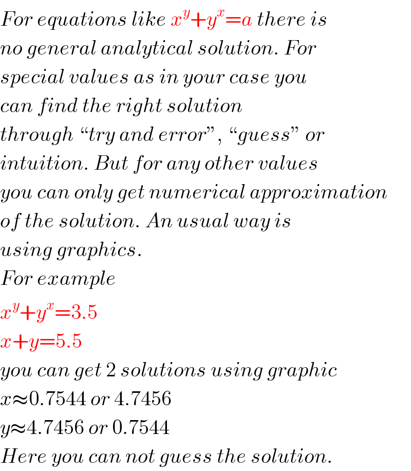 For equations like x^y +y^x =a there is  no general analytical solution. For  special values as in your case you  can find the right solution  through “try and error”, “guess” or  intuition. But for any other values  you can only get numerical approximation  of the solution. An usual way is  using graphics.  For example  x^y +y^x =3.5  x+y=5.5  you can get 2 solutions using graphic  x≈0.7544 or 4.7456  y≈4.7456 or 0.7544  Here you can not guess the solution.  