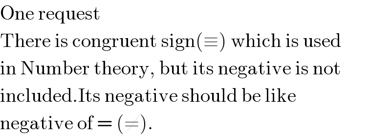 One request  There is congruent sign(≡) which is used  in Number theory, but its negative is not  included.Its negative should be like  negative of = (≠).  