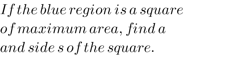 If the blue region is a square  of maximum area, find a  and side s of the square.     