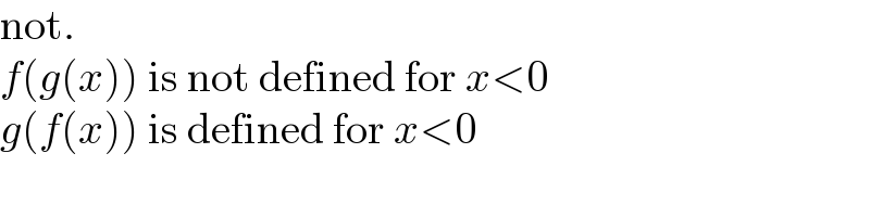 not.  f(g(x)) is not defined for x<0  g(f(x)) is defined for x<0  