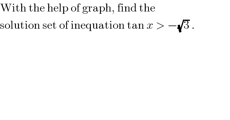With the help of graph, find the  solution set of inequation tan x > −(√3) .  
