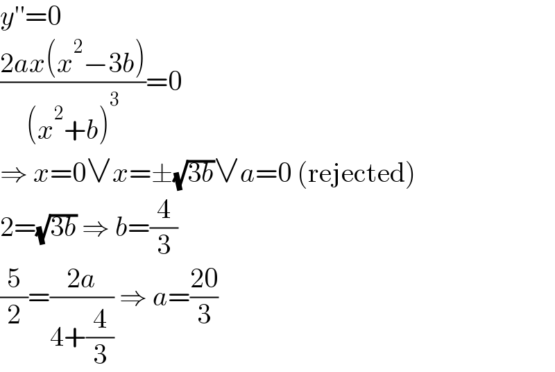 y′′=0  ((2ax(x^2 −3b))/((x^2 +b)^3 ))=0  ⇒ x=0∨x=±(√(3b))∨a=0 (rejected)  2=(√(3b)) ⇒ b=(4/3)  (5/2)=((2a)/(4+(4/3))) ⇒ a=((20)/3)  