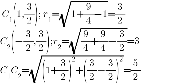  C_1 (1,(3/2)); r_1 =(√(1+(9/4)−1))=(3/2)  C_2 (−(3/2),(3/2));r_2 =(√((9/4)+(9/4)−(3/2)))=3  C_1 C_2 =(√((1+(3/2))^2 +((3/2)−(3/2))^2 ))=(5/2)  