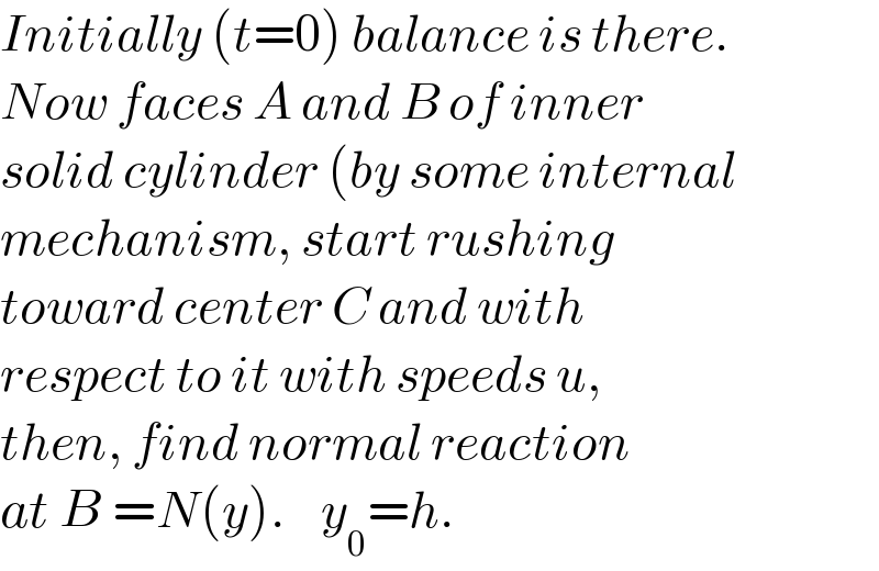 Initially (t=0) balance is there.  Now faces A and B of inner  solid cylinder (by some internal  mechanism, start rushing  toward center C and with   respect to it with speeds u,  then, find normal reaction  at B =N(y).    y_0 =h.  
