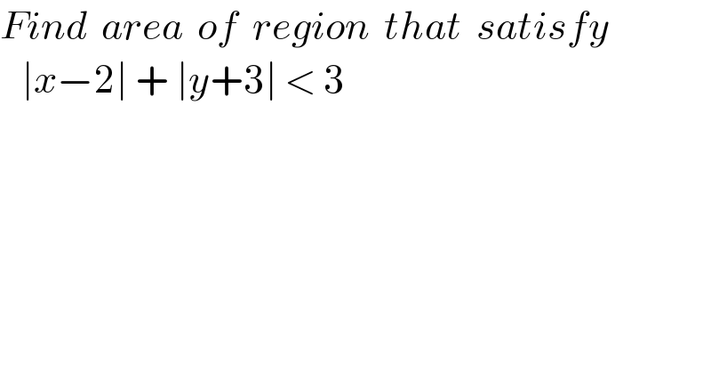 Find  area  of  region  that  satisfy       ∣x−2∣ + ∣y+3∣ < 3  