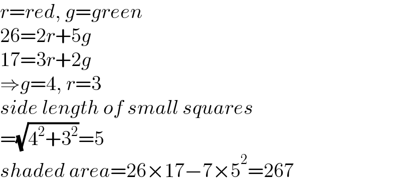 r=red, g=green  26=2r+5g  17=3r+2g  ⇒g=4, r=3  side length of small squares  =(√(4^2 +3^2 ))=5  shaded area=26×17−7×5^2 =267  