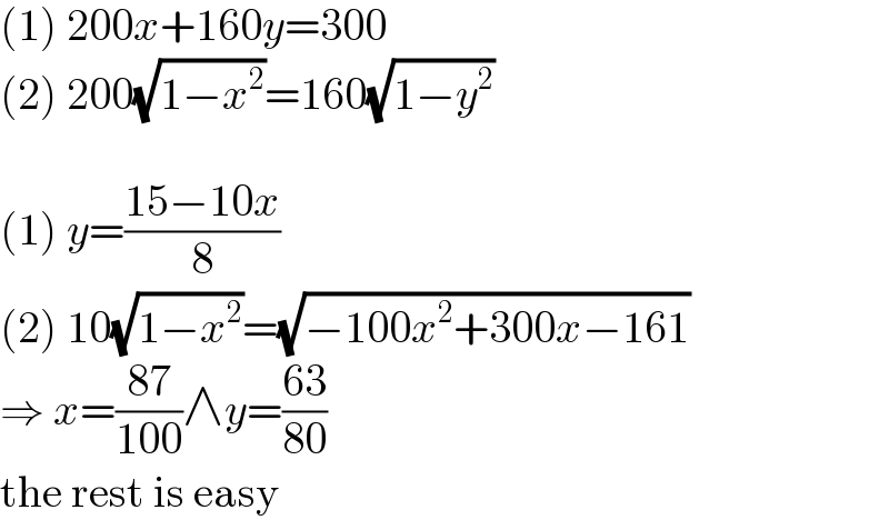 (1) 200x+160y=300  (2) 200(√(1−x^2 ))=160(√(1−y^2 ))    (1) y=((15−10x)/8)  (2) 10(√(1−x^2 ))=(√(−100x^2 +300x−161))  ⇒ x=((87)/(100))∧y=((63)/(80))  the rest is easy  