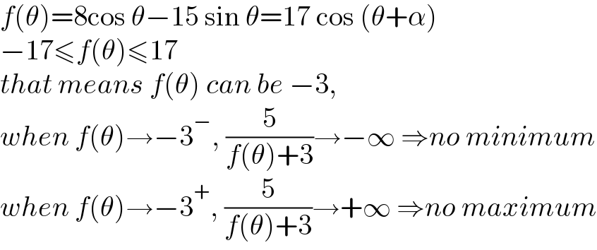 f(θ)=8cos θ−15 sin θ=17 cos (θ+α)  −17≤f(θ)≤17  that means f(θ) can be −3,  when f(θ)→−3^− , (5/(f(θ)+3))→−∞ ⇒no minimum  when f(θ)→−3^+ , (5/(f(θ)+3))→+∞ ⇒no maximum  