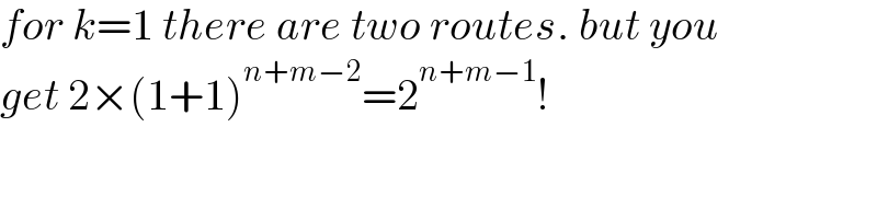 for k=1 there are two routes. but you  get 2×(1+1)^(n+m−2) =2^(n+m−1) !  