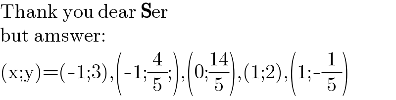 Thank you dear Ser  but amswer:  (x;y)=(-1;3),(-1;(4/5);),(0;((14)/5)),(1;2),(1;-(1/5))  