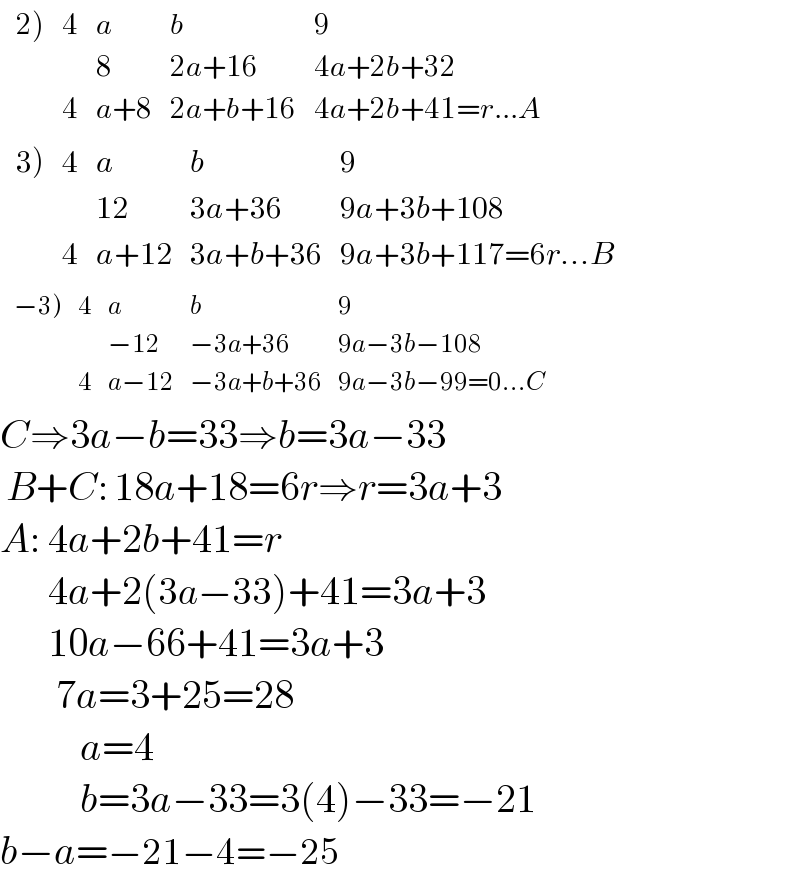  determinant (((2)),4,a,b,9),(,,8,(2a+16),(4a+2b+32)),(,4,(a+8),(2a+b+16),(4a+2b+41=r...A)))    determinant (((3)),4,a,b,9),(,,(12),(3a+36),(9a+3b+108)),(,4,(a+12),(3a+b+36),(9a+3b+117=6r...B)))     determinant (((−3)),4,a,b,9),(,,(−12),(−3a+36),(9a−3b−108)),(,4,(a−12),(−3a+b+36),(9a−3b−99=0...C)))   C⇒3a−b=33⇒b=3a−33   B+C: 18a+18=6r⇒r=3a+3  A: 4a+2b+41=r        4a+2(3a−33)+41=3a+3        10a−66+41=3a+3         7a=3+25=28            a=4            b=3a−33=3(4)−33=−21  b−a=−21−4=−25  