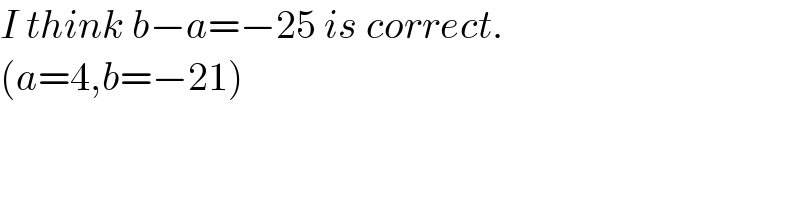 I think b−a=−25 is correct.  (a=4,b=−21)  