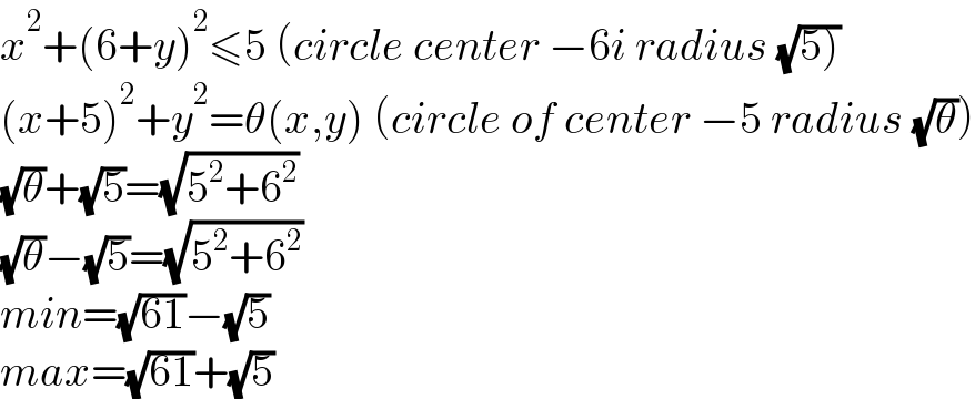 x^2 +(6+y)^2 ≤5 (circle center −6i radius (√(5)))  (x+5)^2 +y^2 =θ(x,y) (circle of center −5 radius (√θ))  (√θ)+(√5)=(√(5^2 +6^2 ))  (√θ)−(√5)=(√(5^2 +6^2 ))  min=(√(61))−(√5)  max=(√(61))+(√5)  