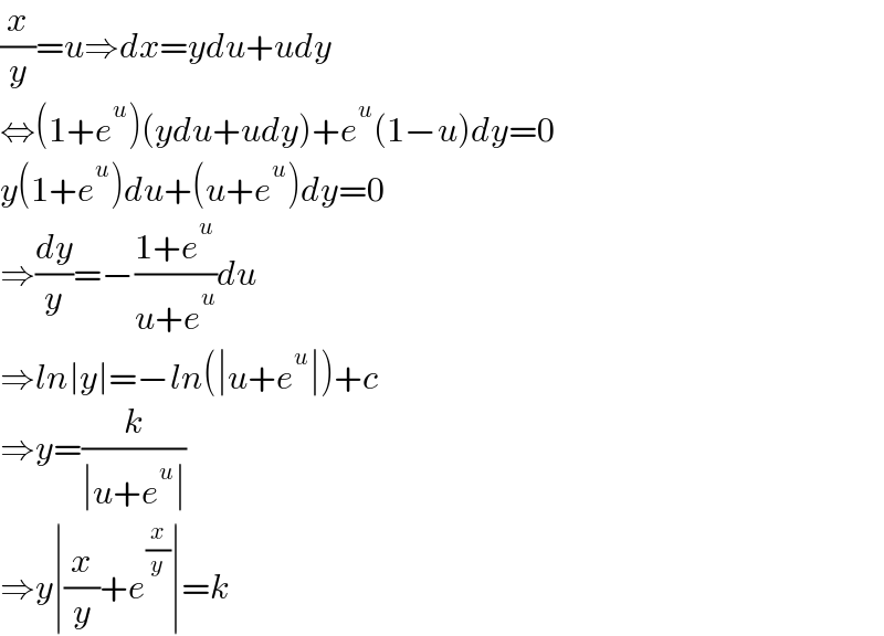 (x/y)=u⇒dx=ydu+udy  ⇔(1+e^u )(ydu+udy)+e^u (1−u)dy=0  y(1+e^u )du+(u+e^u )dy=0  ⇒(dy/y)=−((1+e^u )/(u+e^u ))du  ⇒ln∣y∣=−ln(∣u+e^u ∣)+c  ⇒y=(k/(∣u+e^u ∣))  ⇒y∣(x/y)+e^(x/y) ∣=k  