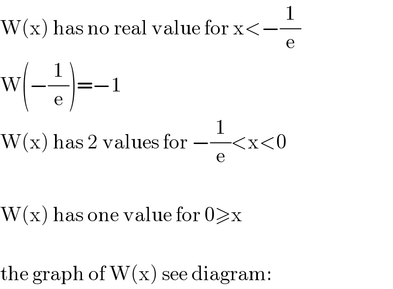 W(x) has no real value for x<−(1/e)  W(−(1/e))=−1  W(x) has 2 values for −(1/e)<x<0    W(x) has one value for 0≥x    the graph of W(x) see diagram:  