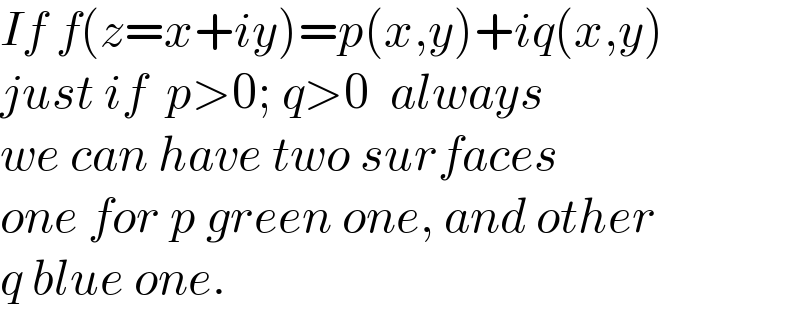 If f(z=x+iy)=p(x,y)+iq(x,y)  just if  p>0; q>0  always  we can have two surfaces  one for p green one, and other  q blue one.  