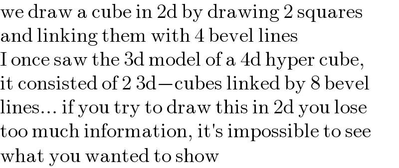 we draw a cube in 2d by drawing 2 squares  and linking them with 4 bevel lines  I once saw the 3d model of a 4d hyper cube,  it consisted of 2 3d−cubes linked by 8 bevel  lines... if you try to draw this in 2d you lose  too much information, it′s impossible to see  what you wanted to show  