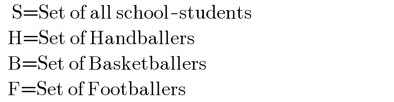    S=Set of all school-students     H=Set of Handballers    B=Set of Basketballers    F=Set of Footballers  