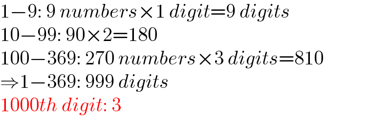 1−9: 9 numbers×1 digit=9 digits  10−99: 90×2=180  100−369: 270 numbers×3 digits=810  ⇒1−369: 999 digits  1000th digit: 3  