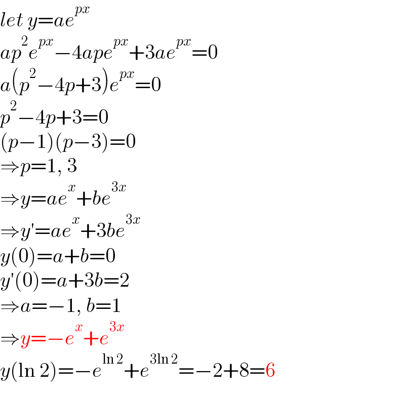 let y=ae^(px)   ap^2 e^(px) −4ape^(px) +3ae^(px) =0  a(p^2 −4p+3)e^(px) =0  p^2 −4p+3=0  (p−1)(p−3)=0  ⇒p=1, 3  ⇒y=ae^x +be^(3x)   ⇒y′=ae^x +3be^(3x)   y(0)=a+b=0  y′(0)=a+3b=2  ⇒a=−1, b=1  ⇒y=−e^x +e^(3x)   y(ln 2)=−e^(ln 2) +e^(3ln 2) =−2+8=6  