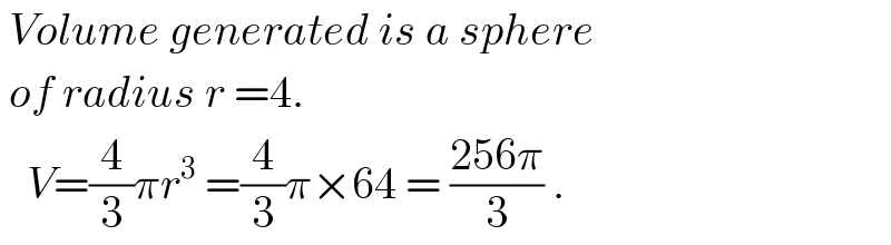  Volume generated is a sphere   of radius r =4.     V=(4/3)πr^3  =(4/3)π×64 = ((256π)/3) .  