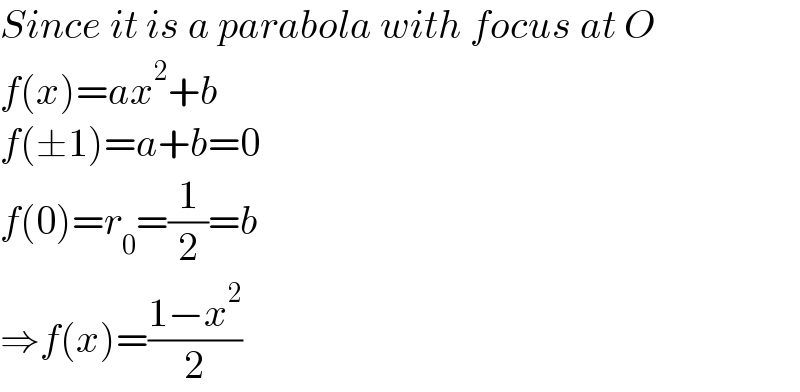 Since it is a parabola with focus at O  f(x)=ax^2 +b  f(±1)=a+b=0  f(0)=r_0 =(1/2)=b  ⇒f(x)=((1−x^2 )/2)  