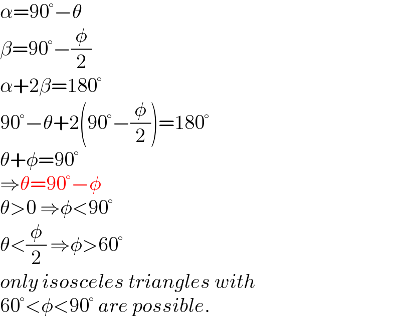 α=90°−θ  β=90°−(φ/2)  α+2β=180°  90°−θ+2(90°−(φ/2))=180°  θ+φ=90°  ⇒θ=90°−φ  θ>0 ⇒φ<90°  θ<(φ/2) ⇒φ>60°  only isosceles triangles with   60°<φ<90° are possible.  
