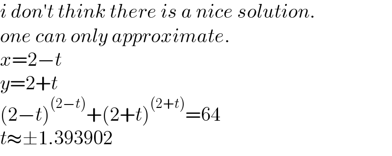 i don′t think there is a nice solution.  one can only approximate.  x=2−t  y=2+t  (2−t)^((2−t)) +(2+t)^((2+t)) =64  t≈±1.393902  