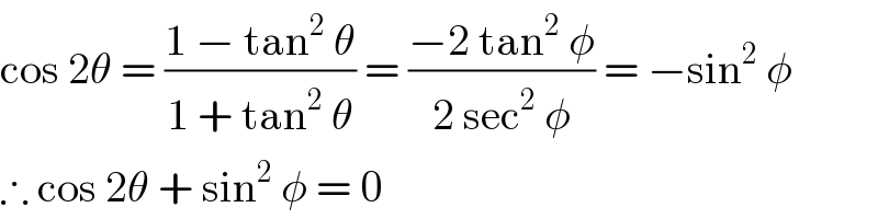cos 2θ = ((1 − tan^2  θ)/(1 + tan^2  θ)) = ((−2 tan^2  φ)/(2 sec^2  φ)) = −sin^2  φ  ∴ cos 2θ + sin^2  φ = 0  