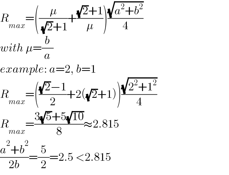 R_(max) =((μ/( (√2)+1))+(((√2)+1)/μ))((√(a^2 +b^2 ))/4)   with μ=(b/a)  example: a=2, b=1  R_(max) =((((√2)−1)/2)+2((√2)+1))((√(2^2 +1^2 ))/4)  R_(max) =((3(√5)+5(√(10)))/8)≈2.815  ((a^2 +b^2 )/(2b))=(5/2)=2.5 <2.815  
