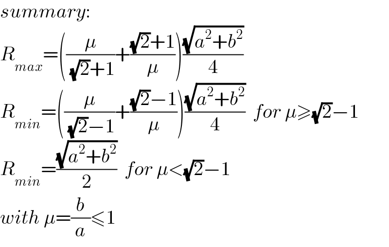 summary:  R_(max) =((μ/( (√2)+1))+(((√2)+1)/μ))((√(a^2 +b^2 ))/4)   R_(min) =((μ/( (√2)−1))+(((√2)−1)/μ))((√(a^2 +b^2 ))/4)  for μ≥(√2)−1  R_(min) =((√(a^2 +b^2 ))/2)  for μ<(√2)−1  with μ=(b/a)≤1  