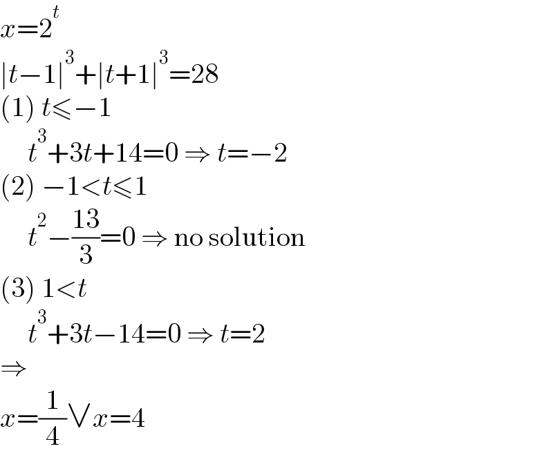x=2^t   ∣t−1∣^3 +∣t+1∣^3 =28  (1) t≤−1       t^3 +3t+14=0 ⇒ t=−2  (2) −1<t≤1       t^2 −((13)/3)=0 ⇒ no solution  (3) 1<t       t^3 +3t−14=0 ⇒ t=2  ⇒  x=(1/4)∨x=4  