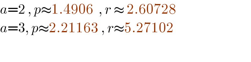 a=2 , p≈1.4906  , r ≈ 2.60728  a=3, p≈2.21163 , r≈5.27102  