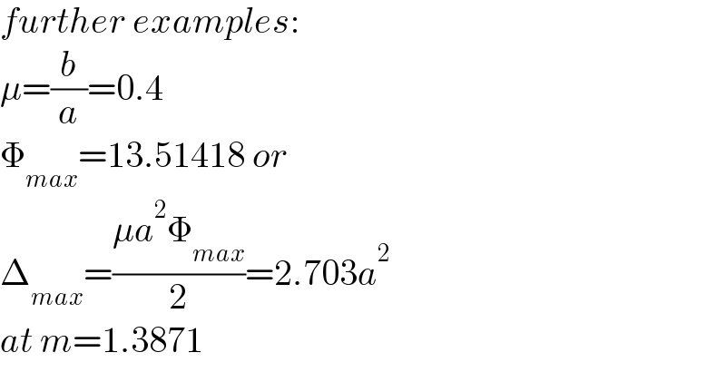 further examples:  μ=(b/a)=0.4  Φ_(max) =13.51418 or   Δ_(max) =((μa^2 Φ_(max) )/2)=2.703a^2   at m=1.3871  