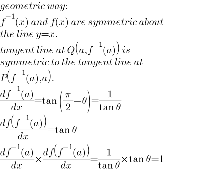 geometric way:  f^(−1) (x) and f(x) are symmetric about  the line y=x.   tangent line at Q(a,f^(−1) (a)) is   symmetric to the tangent line at  P(f^(−1) (a),a).  ((df^(−1) (a))/dx)=tan ((π/2)−θ)=(1/(tan θ))  ((df(f^(−1) (a)))/dx)=tan θ  ((df^(−1) (a))/dx)×((df(f^(−1) (a)))/dx)=(1/(tan θ))×tan θ=1  