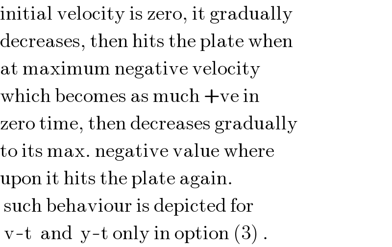 initial velocity is zero, it gradually  decreases, then hits the plate when  at maximum negative velocity  which becomes as much +ve in  zero time, then decreases gradually  to its max. negative value where  upon it hits the plate again.   such behaviour is depicted for   v-t  and  y-t only in option (3) .  