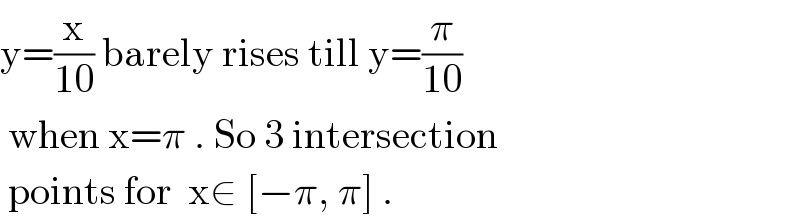 y=(x/(10)) barely rises till y=(π/(10))    when x=π . So 3 intersection    points for  x∈ [−π, π] .  