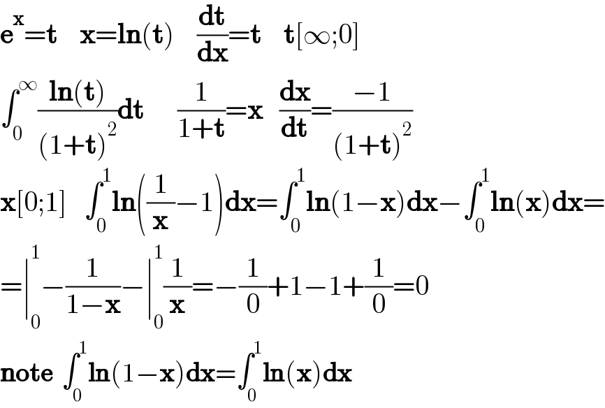 e^x =t    x=ln(t)    (dt/dx)=t    t[∞;0]  ∫_0 ^∞ ((ln(t))/((1+t)^2 ))dt      (1/(1+t))=x   (dx/dt)=((−1)/((1+t)^2 ))  x[0;1]   ∫_0 ^1 ln((1/x)−1)dx=∫_0 ^1 ln(1−x)dx−∫_0 ^1 ln(x)dx=  =∣_0 ^1 −(1/(1−x))−∣_0 ^1 (1/x)=−(1/0)+1−1+(1/0)=0  note  ∫_0 ^1 ln(1−x)dx=∫_0 ^1 ln(x)dx  