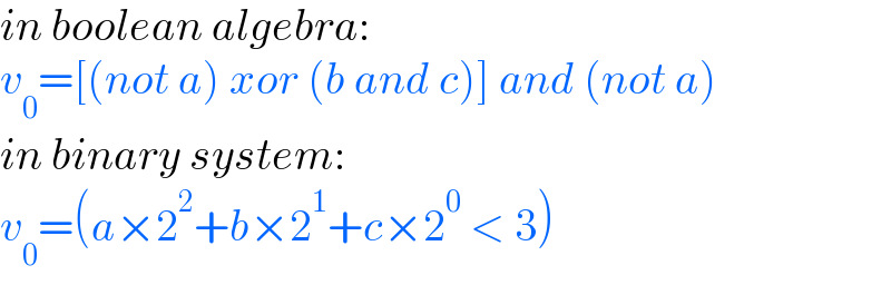 in boolean algebra:  v_0 =[(not a) xor (b and c)] and (not a)  in binary system:  v_0 =(a×2^2 +b×2^1 +c×2^0  < 3)  