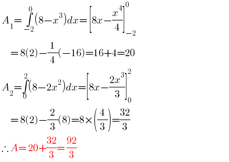  A_1 = ∫_(−2) ^0 (8−x^3 )dx= [8x−(x^4 /4)]_(−2) ^0         = 8(2)−(1/4)(−16)=16+4=20   A_2 =∫_0 ^2 (8−2x^2 )dx=[8x−((2x^3 )/3)]_0 ^2         = 8(2)−(2/3)(8)=8×((4/3))=((32)/3)   ∴ A= 20+((32)/3)= ((92)/3)  