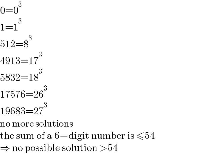 0=0^3   1=1^3   512=8^3   4913=17^3   5832=18^3   17576=26^3   19683=27^3   no more solutions  the sum of a 6−digit number is ≤54  ⇒ no possible solution >54  