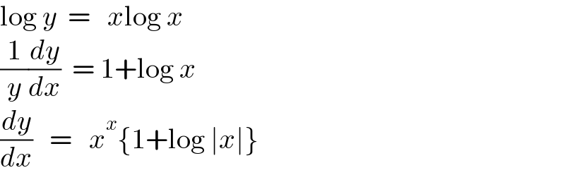 log y  =   xlog x  (1/y)(dy/dx)  = 1+log x  (dy/dx)   =   x^x {1+log ∣x∣}  