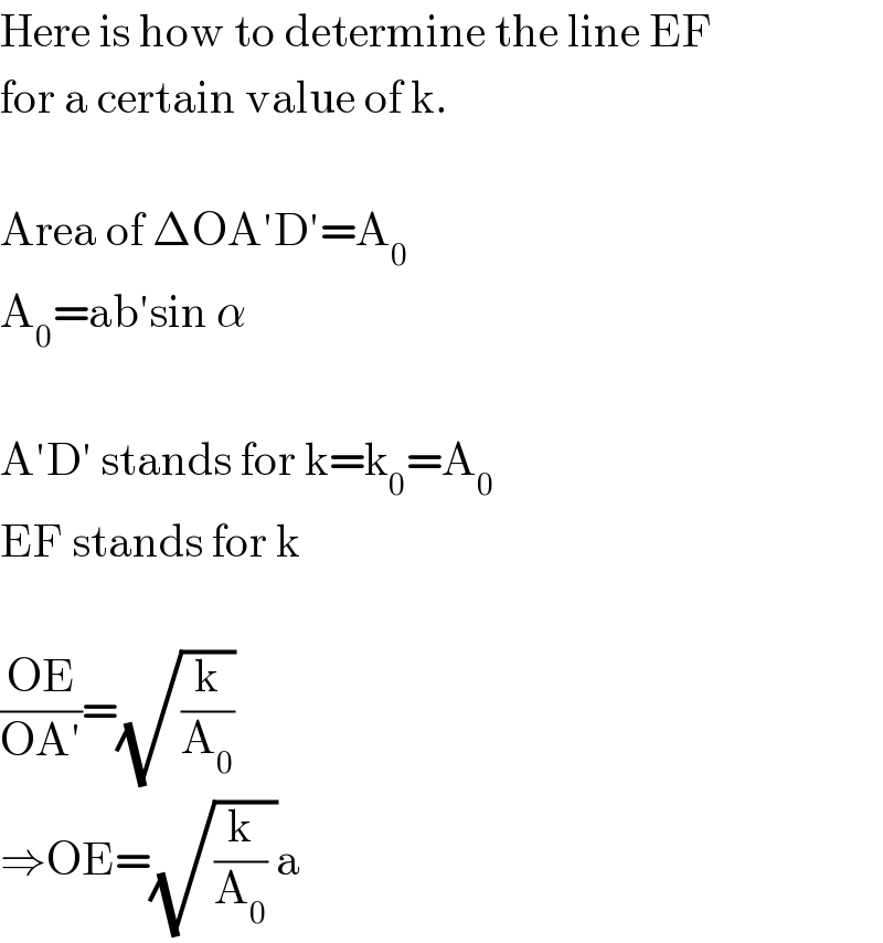 Here is how to determine the line EF  for a certain value of k.    Area of ΔOA′D′=A_0   A_0 =ab′sin α    A′D′ stands for k=k_0 =A_0   EF stands for k    ((OE)/(OA′))=(√(k/A_0 ))  ⇒OE=(√((k/A_0 ) ))a  