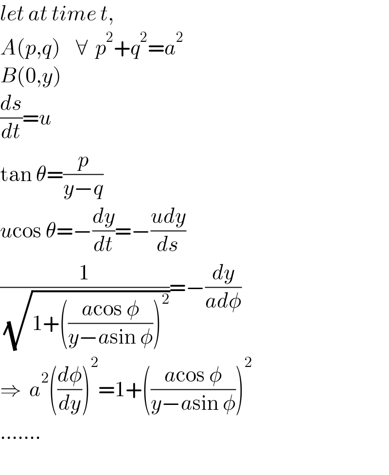 let at time t,  A(p,q)    ∀  p^2 +q^2 =a^2   B(0,y)  (ds/dt)=u  tan θ=(p/(y−q))  ucos θ=−(dy/dt)=−((udy)/ds)  (1/( (√(1+(((acos φ)/(y−asin φ)))^2 ))))=−(dy/(adφ))  ⇒  a^2 ((dφ/dy))^2 =1+(((acos φ)/(y−asin φ)))^2   .......    