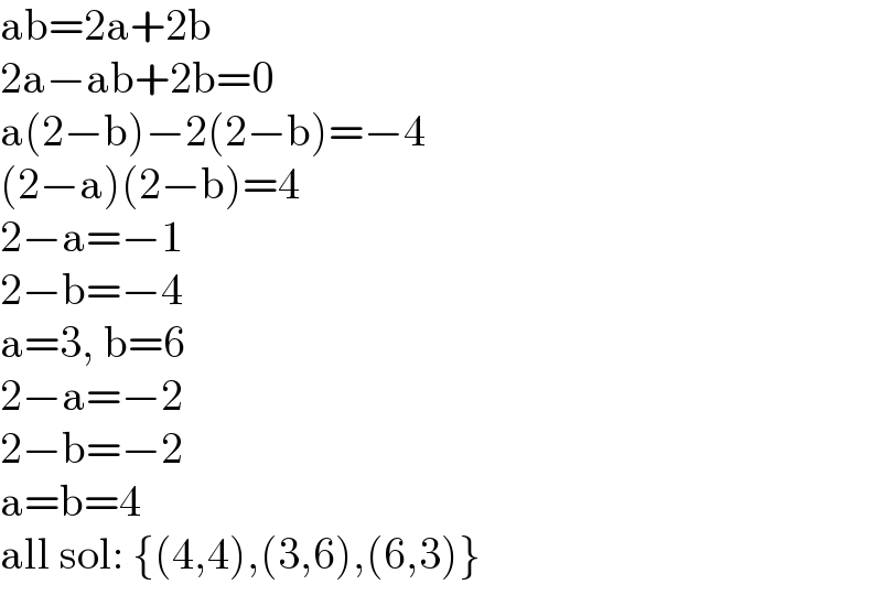 ab=2a+2b  2a−ab+2b=0  a(2−b)−2(2−b)=−4  (2−a)(2−b)=4  2−a=−1  2−b=−4  a=3, b=6  2−a=−2  2−b=−2  a=b=4  all sol: {(4,4),(3,6),(6,3)}  