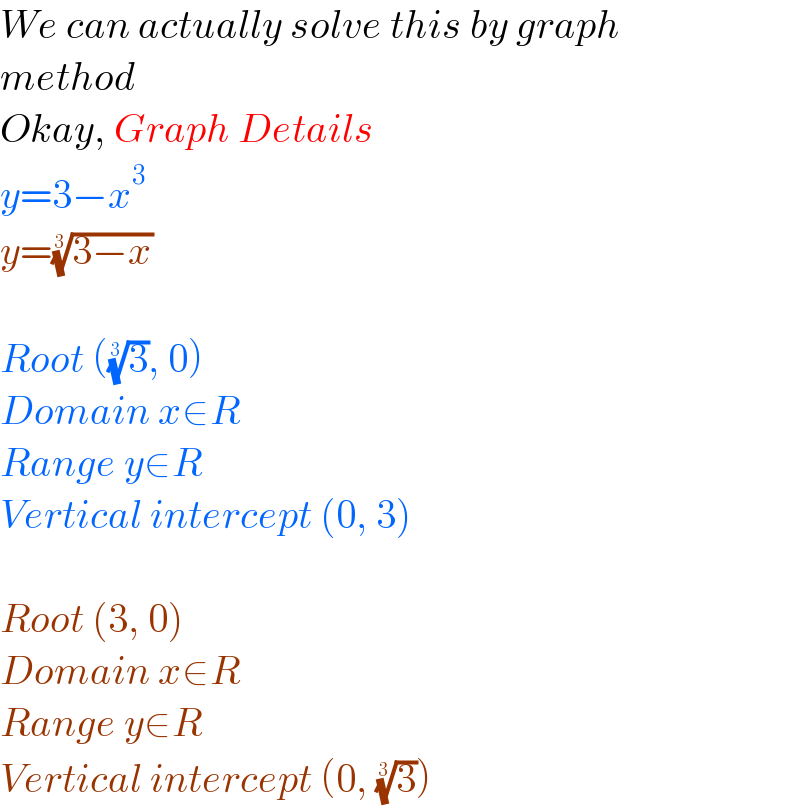 We can actually solve this by graph  method  Okay, Graph Details  y=3−x^3   y=((3−x))^(1/3)     Root ((3)^(1/3) , 0)  Domain x∈R  Range y∈R  Vertical intercept (0, 3)    Root (3, 0)  Domain x∈R  Range y∈R  Vertical intercept (0, (3)^(1/3) )  
