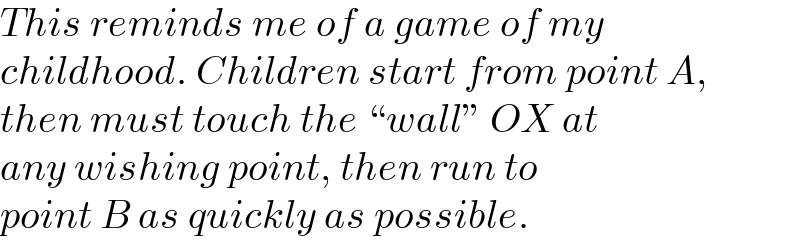This reminds me of a game of my  childhood. Children start from point A,  then must touch the “wall” OX at  any wishing point, then run to   point B as quickly as possible.  