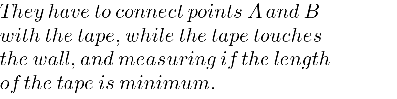 They have to connect points A and B  with the tape, while the tape touches   the wall, and measuring if the length  of the tape is minimum.  