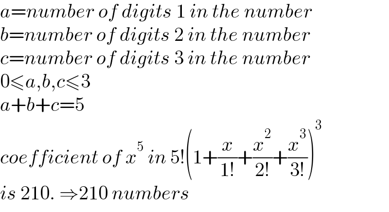 a=number of digits 1 in the number  b=number of digits 2 in the number  c=number of digits 3 in the number  0≤a,b,c≤3  a+b+c=5  coefficient of x^5  in 5!(1+(x/(1!))+(x^2 /(2!))+(x^3 /(3!)))^3   is 210. ⇒210 numbers  