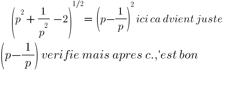       (p^2  +  (1/p^2 )  −2)^(1/2) =  (p−(1/p))^2  ici ca dvient juste  (p−(1/p)) verifie mais apres c.,′est bon      